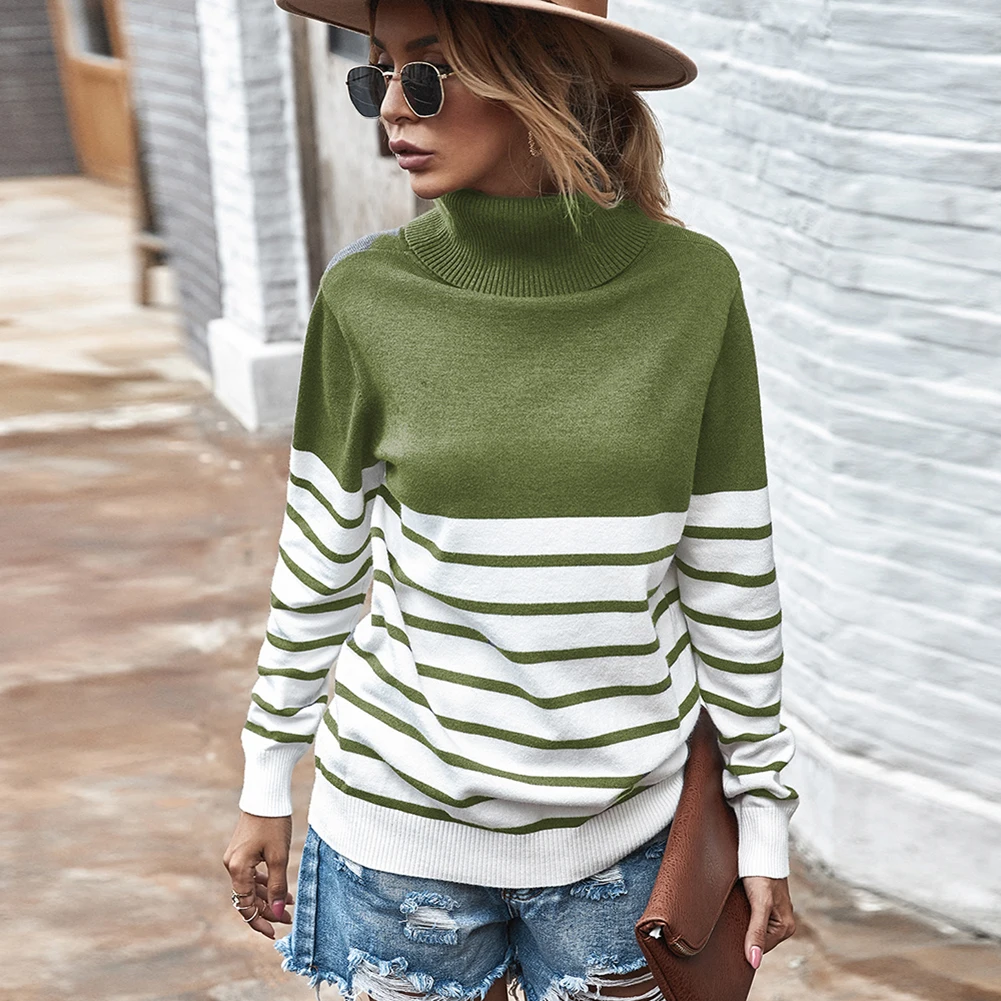 

Simplee Striped High Collar Women's Pullover Autumn Winter Casual Women's Sweater High Street Fashion Women's Knitting Top