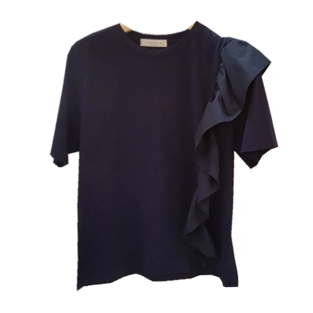 

Black Solid Office Ladies T-Shirt 2021 New Korean Summer Fashion Falbala Women Short Sleeve Loose T-shirt Women's Top