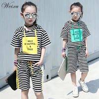 summer baby girl clothing set striped hooded top shirt short sport suits clothes for teenager girls 3 4 6 8 10 12 14 years old