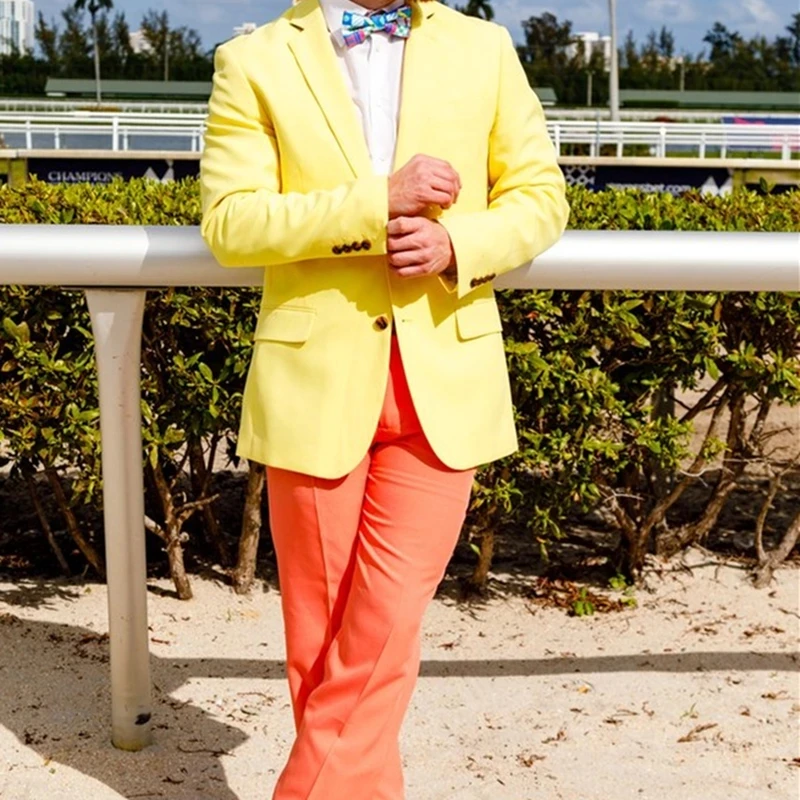 

New Fashion Gentleman Custom Candy Yellow With Orange Pants For Wedding Blazer For Men Slim Fit Male Party Sets (Jacket+Pants)