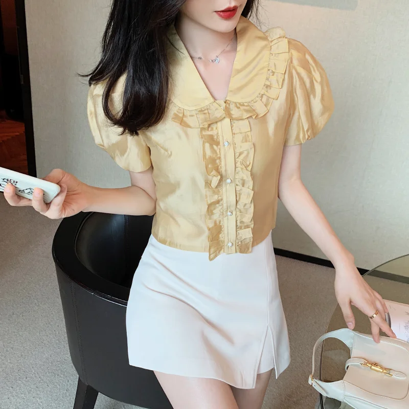 

Girlish Style Cute Ruffled Doll Collar Chiffon Blouse Women Summer Button Puff Sleeves Crop Tops Woman Casual Blouse Yellow