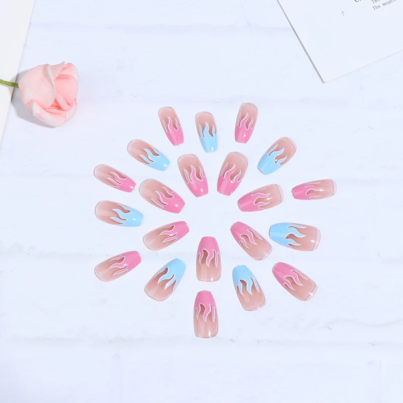24 шт. пламени накладные ногти розовый голубой огненный для ног Пресс на