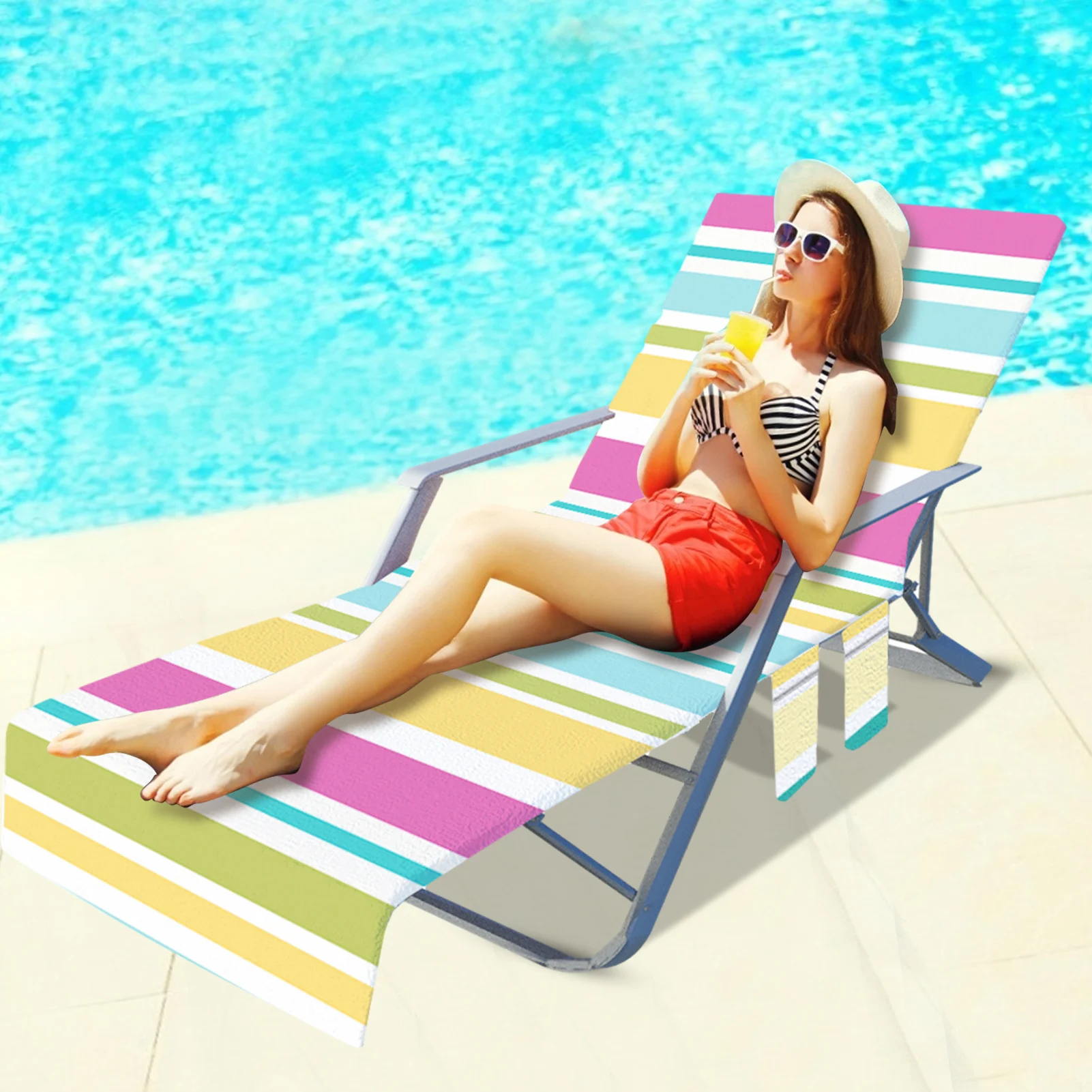 Portable Beach Chair Towel Long Strap Beach Bed Chair Towel Cover With Pocket For Summer Outdoor Garden Pool Sun Lounger Cover