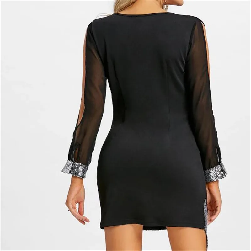 

2021 Women Solid V-neck New Summer Sexy Black Club Dress Mini Sequins Dresses Elegant For Female Robe Vestidos Party Dress