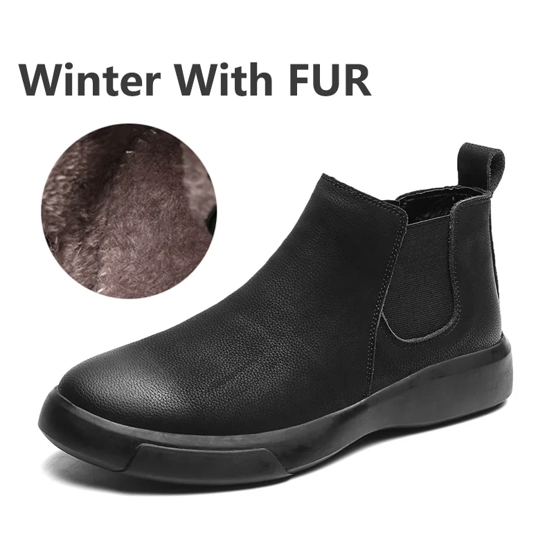 Black Fur Модные мужские ботинки в байкерском стиле; кожаная обувь; удобные плюшевые мужские кроссовки; водонепроницаемые зимние ботинки; Ботинки Челси высокого качества; Botas; Цвет Черный - Цвет: Black Fur
