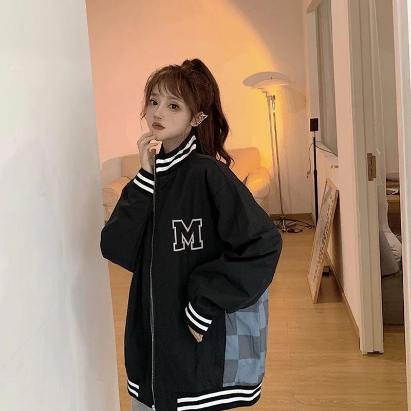 Повседневные клетчатые куртки в стиле Харадзюку с надписью женские корейские