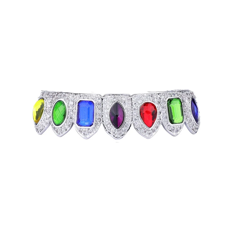 Хип-хоп натуральный камень вымощенный Bling Iced Out зубы Grillzs Топ нижний набор золотые плоские дентальные украшения мужские рапперы ювелирные изделия золото серебро - Окраска металла: silver bottom