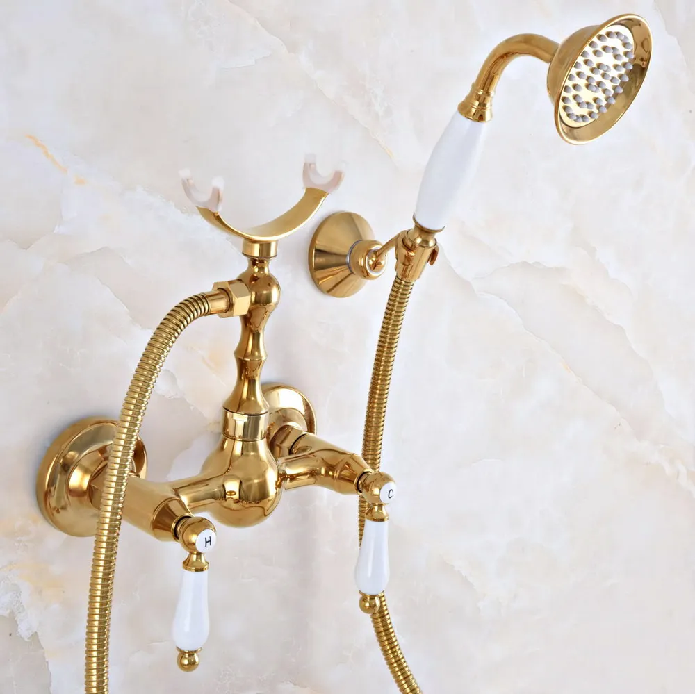 Luxury Polished Gold Color Brass Wall Mounted Bathtub Faucet with Handheld Shower Set +1500MM Hose Mixer Tap 2na934