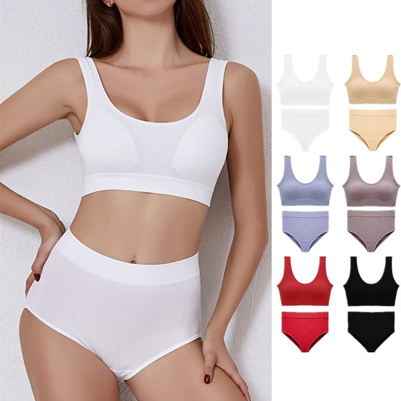 

Sexy Seamless Tops Set High Waist Panties Women Wireless Underwear Suit Soft Padded Bras Set Backless Bralette Lingerie