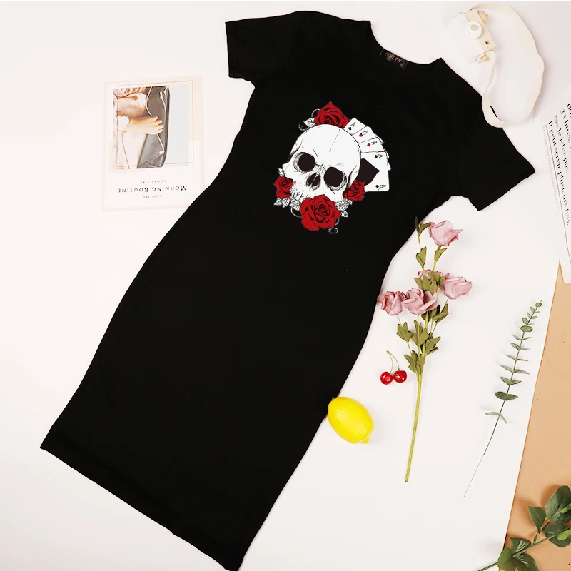

Women Summer Dress Short Sleeve Bodycon Party Slim Midi Dresses Vintage Package Hip Sexy Femme Flower Skull Print Vestidos 2020