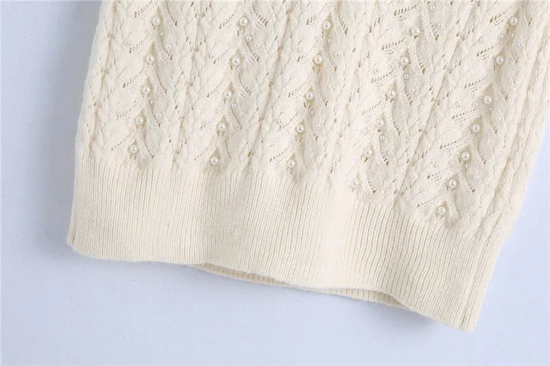 

Elegant Women Sweet Pearl Sweaters Vest 2020 Fashion Ladies V-Neck Knitted Tops Streetwear Female Chic Beige Hollow Out Pullover