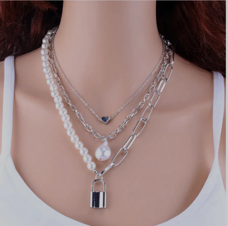 YLWHJJ Brand Fashion 2 Layers Pearls Geometric Pendants Necklaces For Women Gold Metal Snake Chain Necklace Design Jewelry | Украшения и
