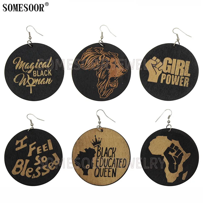 SOMESOOR гравировкой Африканская Карта деревянные серьги в виде капель с черной