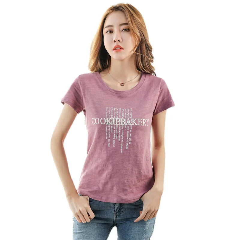 

Letter printing short-sleeved t-shirt women summer new style solid color slub cotton round neck white women's clothing