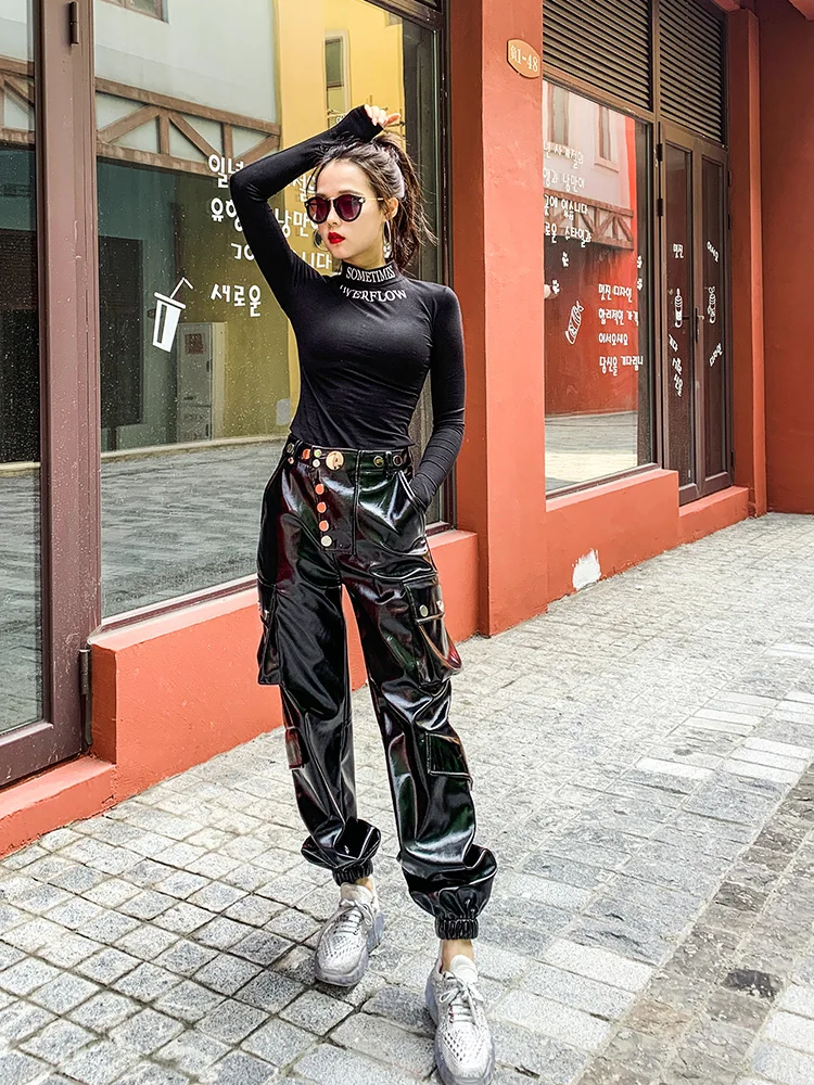 Fashion brand bright glossy PU leather cargo pants female street punk style hip bag full length pu leather trousers F930