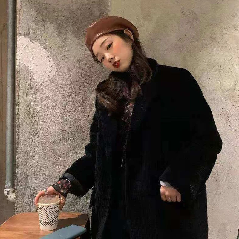 

Lucyever 2021 Spring Autumn Blazers for Women Casual Solid Corduroy Suit Coat Female Korean Long-Sleeve Pocket Female Jackets