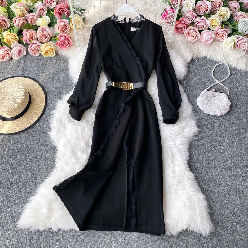 

Винтажное кружевное лоскутное платье Черное Женское Платье-миди деловая модельная одежда с длинным рукавом v-образный вырез с высокой тали...