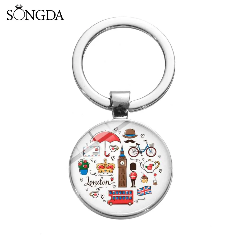 

London England Souvenir Keychain Hippie Classic Red Double-decker Bus Big Ben Printed Glass Cabochon Pendant Keyring Gift