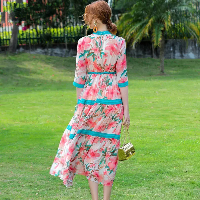 

Printed silk dress women's summer 2021 slim waist dress