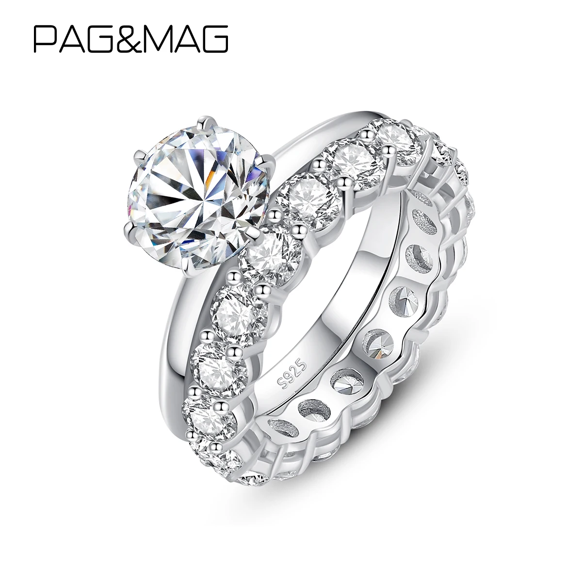 PAG&MAG 1.2ct Moissanite Prongs Double Rings 925 Sterling Silver Rings For Women Statement Wedding Band Jewelry anniversary