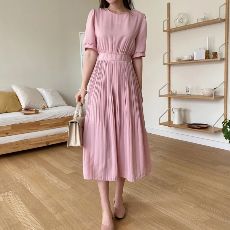 

YAMDI elegant summer short sleeve korean a-line party dresses vintage midi dress women woman chic solid high waist vestidos lady
