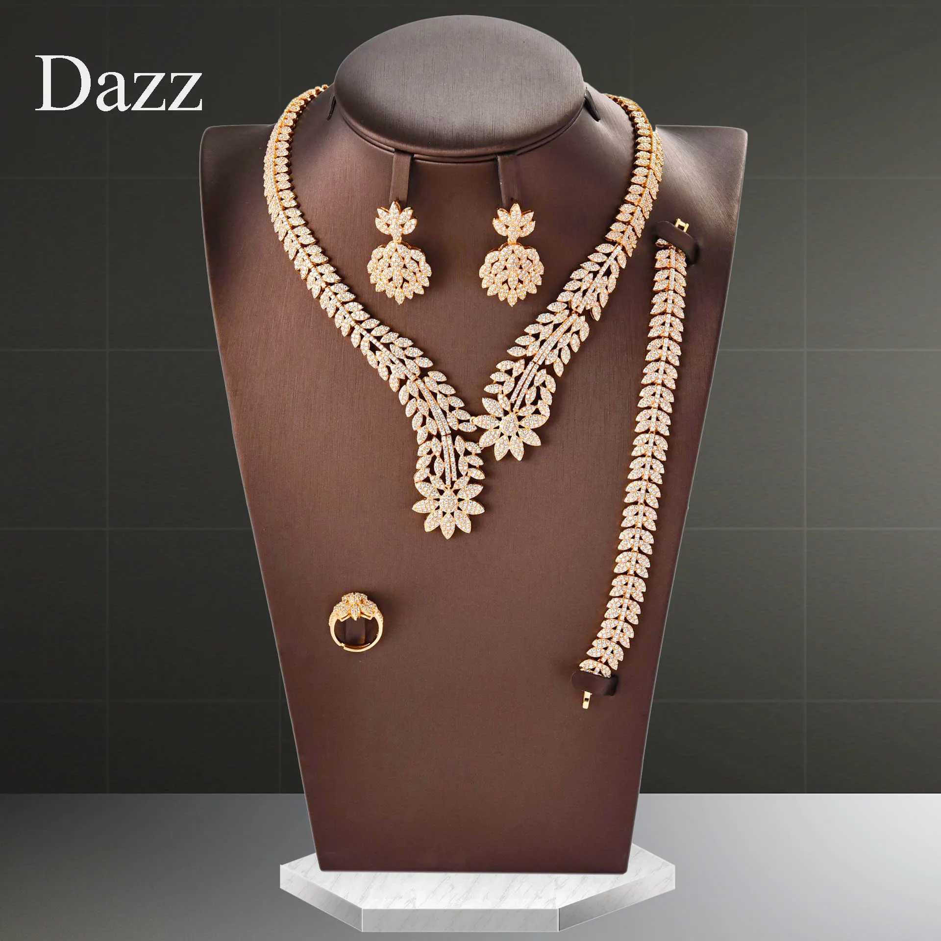 

Dazz роскошный золотой лист ювелирные изделия из Нигерии набор AAAA Циркон женское свадебное платье Дубай цветы Свадебное Ожерелье Серьги Коль...