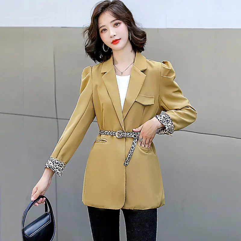 

Женский блейзер на одной пуговице, облегающий пиджак большого размера с леопардовым принтом на рукавах, модель e293 в Корейском стиле на осен...