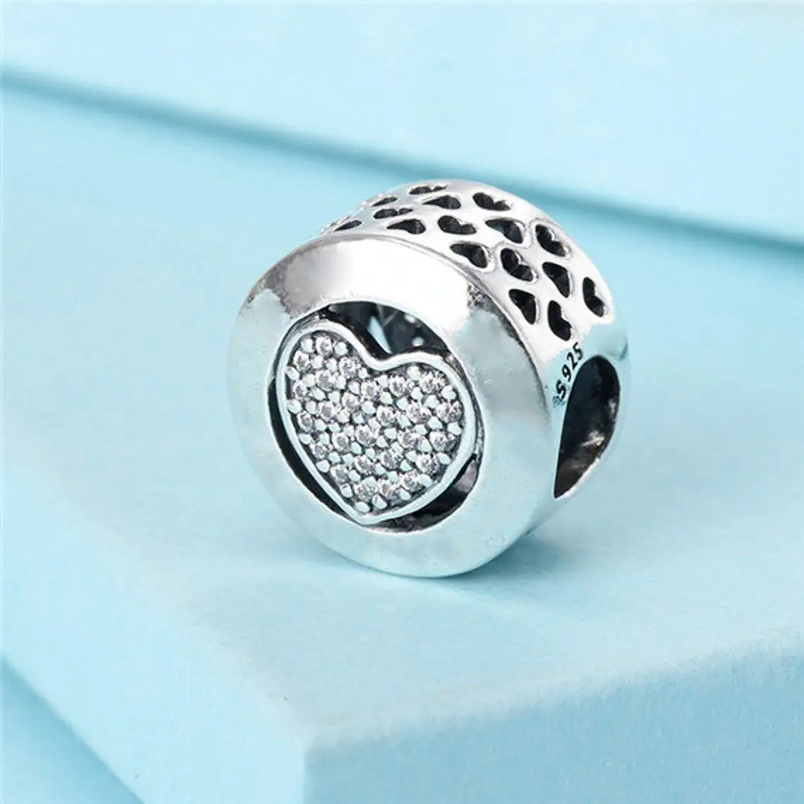 

925 Sterling Silver Signature Heart Charm Bead with Clear Cz Fits All European Pandora Jewelry Bracelets Necklaces