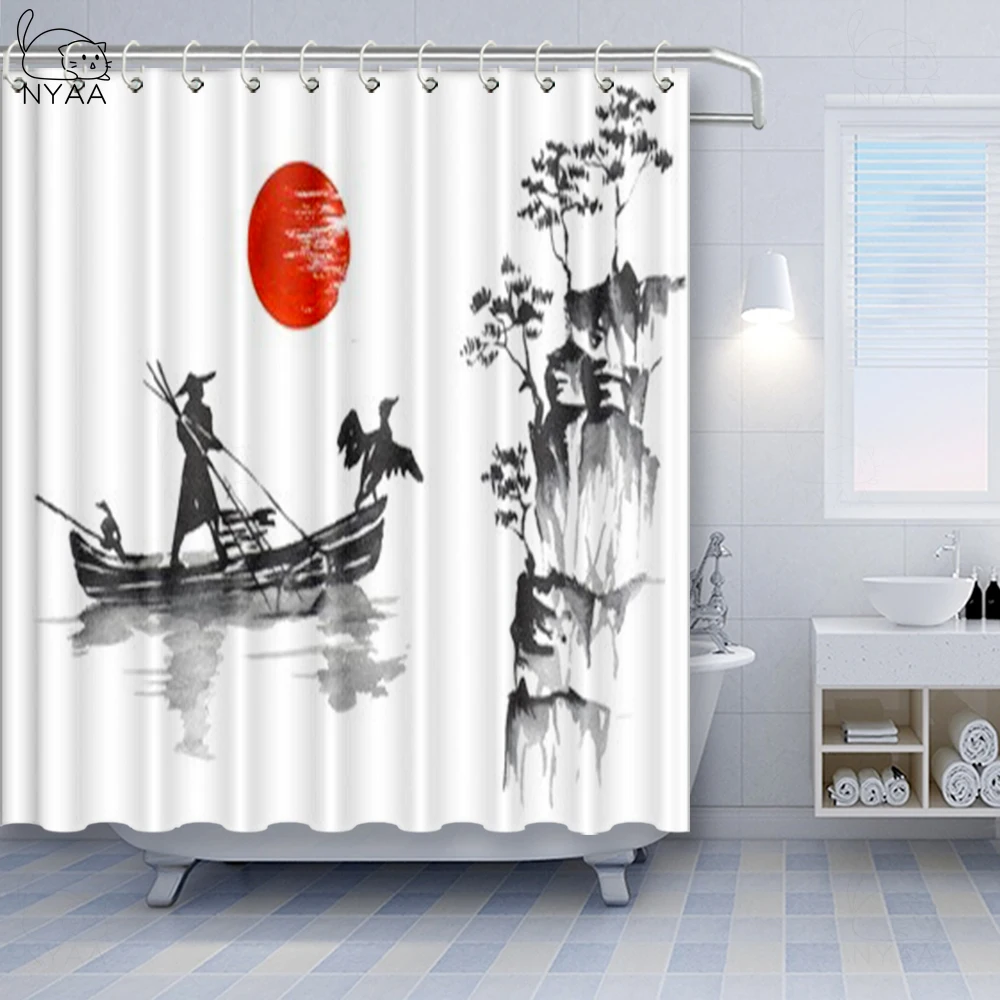 Занавеска для душа из полиэстера с принтом в виде лодки японская раскраска | Дом и