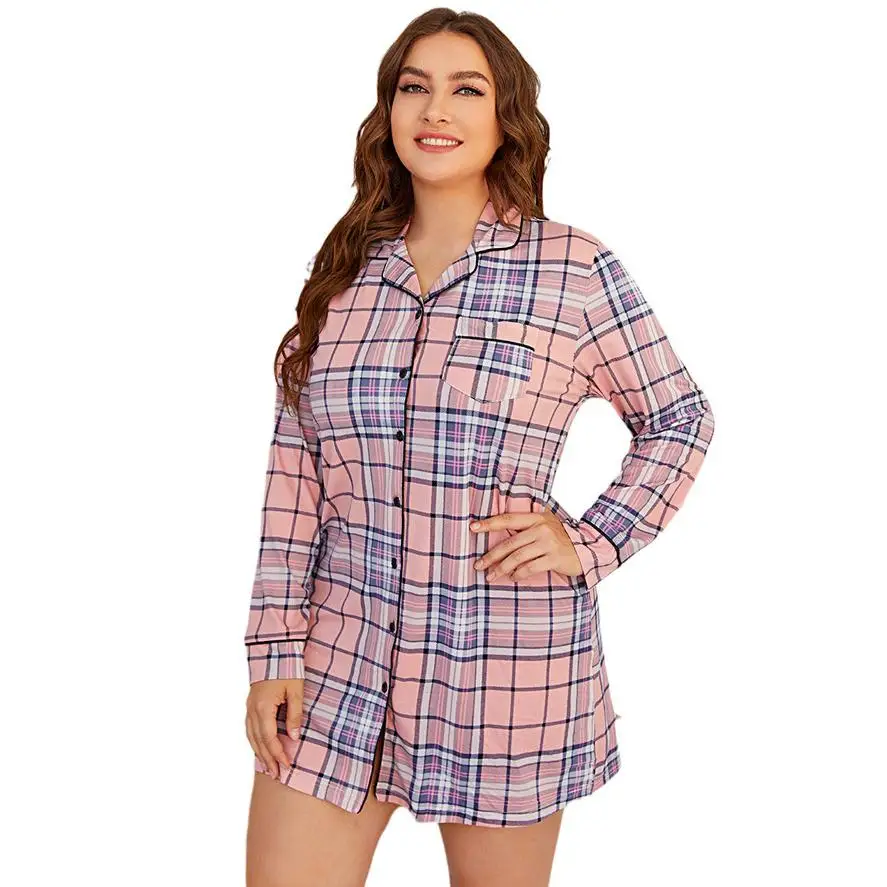 

Summer New Coon Women Nightgown Intimate Lingerie Plaid Sleepshirttt Mini Home Clothing Pink Button-down Nightdress With Pocket