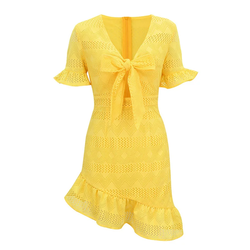 

New Sexy Yellow Dress Women White Pink 2021 Summer Europe America Temperament Fashion V-Neck Irregular Mini Dress Vestido N876