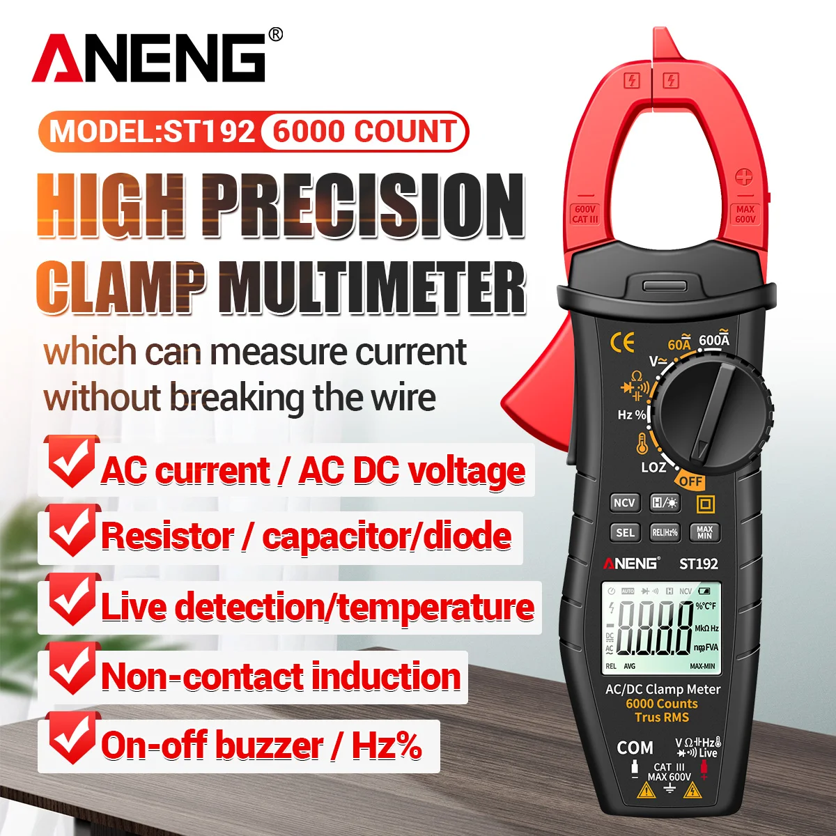 

ANENG ST192 Digital Clamp Meters Multimeter 60A/600A Tester AC/DC Current 6000 Counts True RMS Capacitance NCV Ohm Hz Transistor