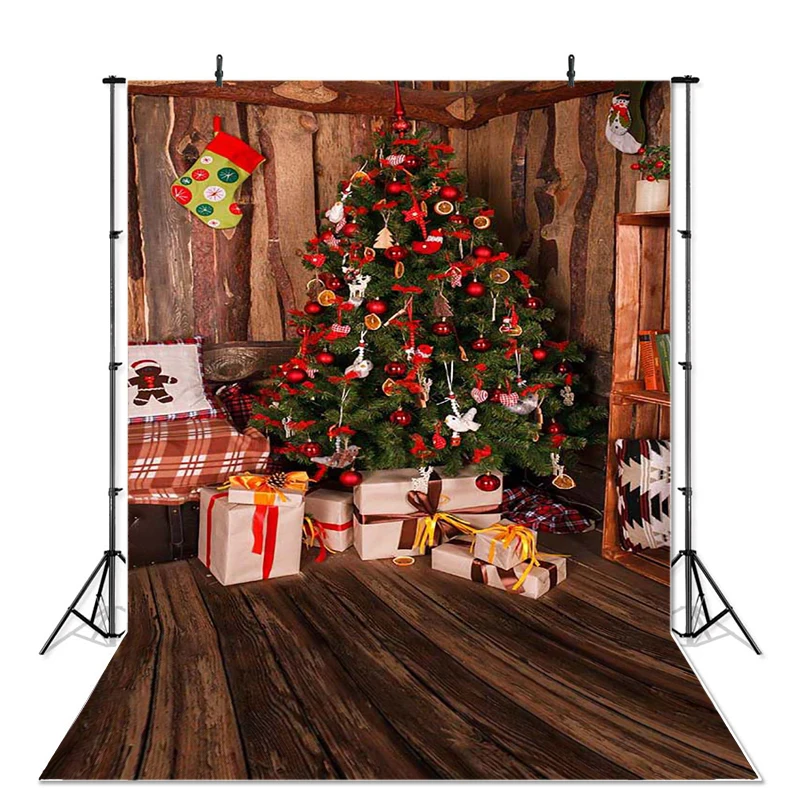 Рождественская фотография Фон елка подарок детвечерние деревянный пол