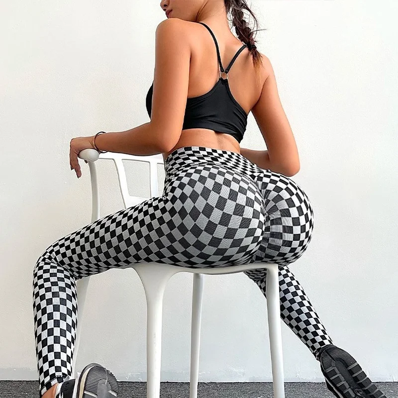 

Chessboard Lattice Peach Fitness Women's High Waist Tight Running Fast Drying Elastic Hip Lifting Yoga Pants Summer Sweat Pants