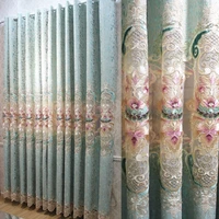 green beige luxury european style living room curtain chenille embroidered floral curtains tulle for kitchen bedroom