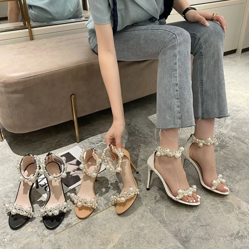 

Summer Sandals Women 2021 Luxury Brand Fashion High Heel Round Toe Pearl Plus Size 42 Stiletto Muller Sandals Chaussure Femme
