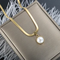 zmfashion women neck chain ins wind korean wave choker gold plated pearl jewelry vacuum electroplating round trendy necklace
