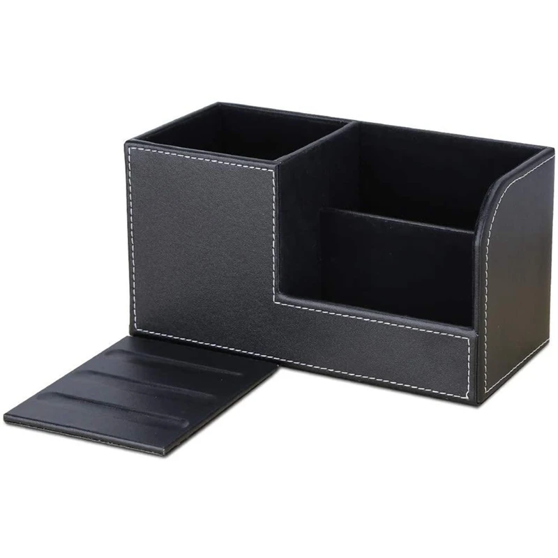 

PU Leather Multi-Function Desk Organizer Pen Pencil Holder Business Name Cards Remote Control Holder Storage Box, Black