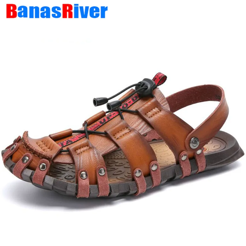 Мужские сандалии без шнуровки черные повседневные Мягкие кожаные в римском