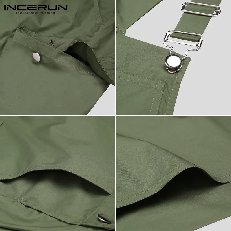 

Men Solid Color Bib Pants Summer Cargo Shorts Jumpsuits Loose Buttons Rompers Vintage Pockets Overall Jogger Streetwear INCERUN7