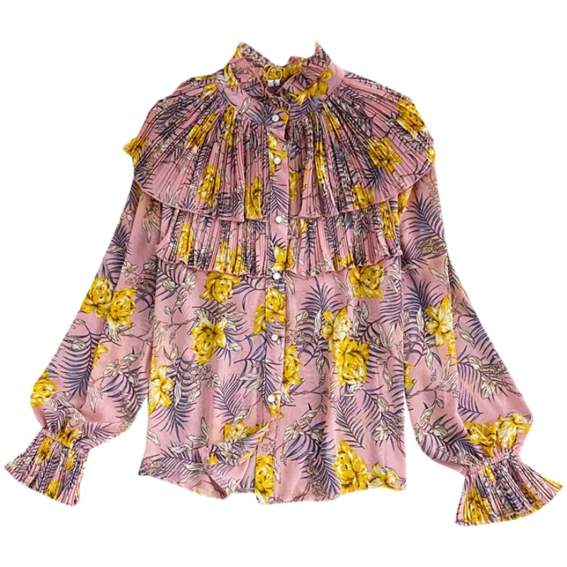

2020 Temperament Fashion New Autumn Lady Chiffon Shirt Sweet Ruffled Slim Fit All-match Temperament Thin Print Top C120