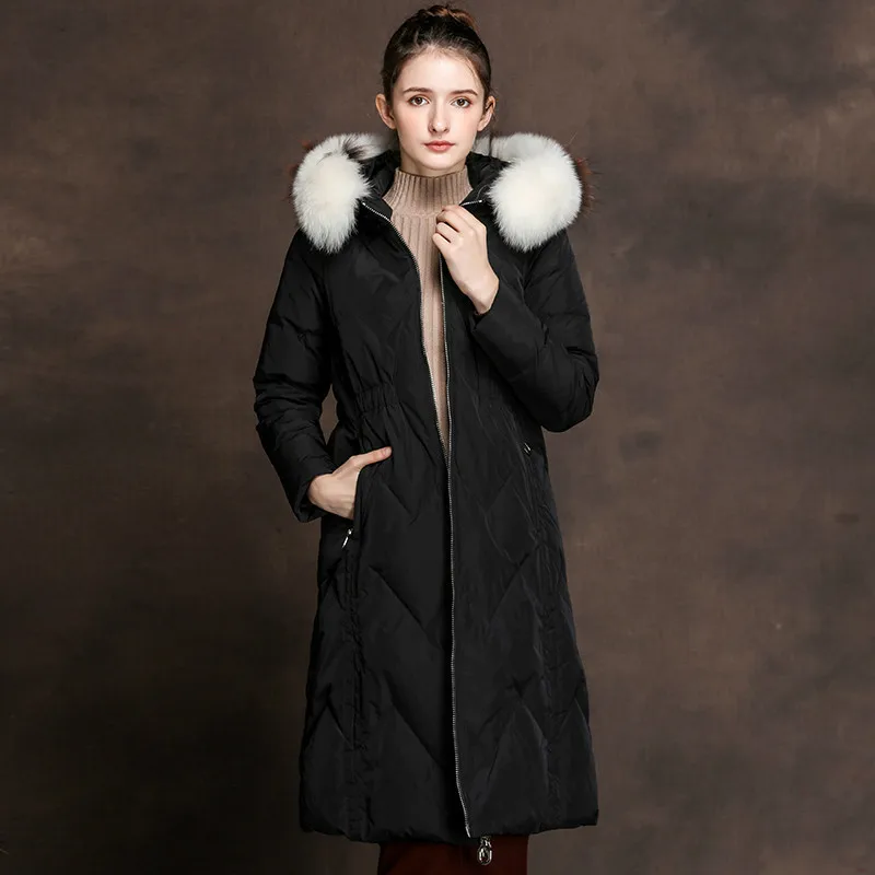 

long white duck down jacket, women hooded coat, women's coats with raccoon fur collar, winter jackets smxl6065