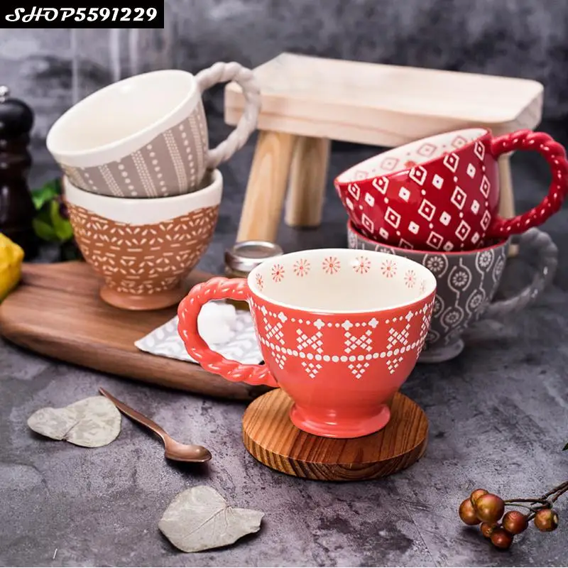 

European Ceramic Printing Coffee Cup Large Capacity Couple Mug Minimalist Home Cereal Breakfast Mug Home Office Afternoon Teacup