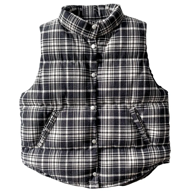 

Autumn Winter 2021 New Loose Plaid Cotton Vest Jacket Women Outerwear Short Sleeveless Warm Waistcoat 969