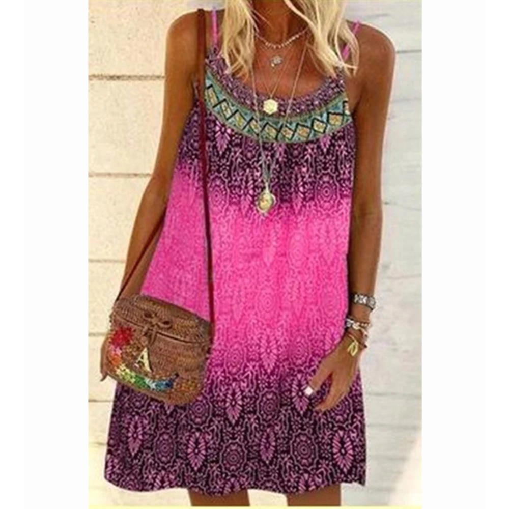 

Summer Bohemian Dress Women Vintage Printed Lady Casual Loose Sleeveless Mini Beach Dress 2021