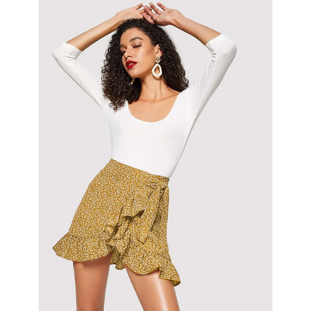 

Summer Floral Print Mini Skirt Fashion High Waist Woman Clothing Irregular Zipper Skirt Ruffles Summer Beach Pleated Mini Skirt