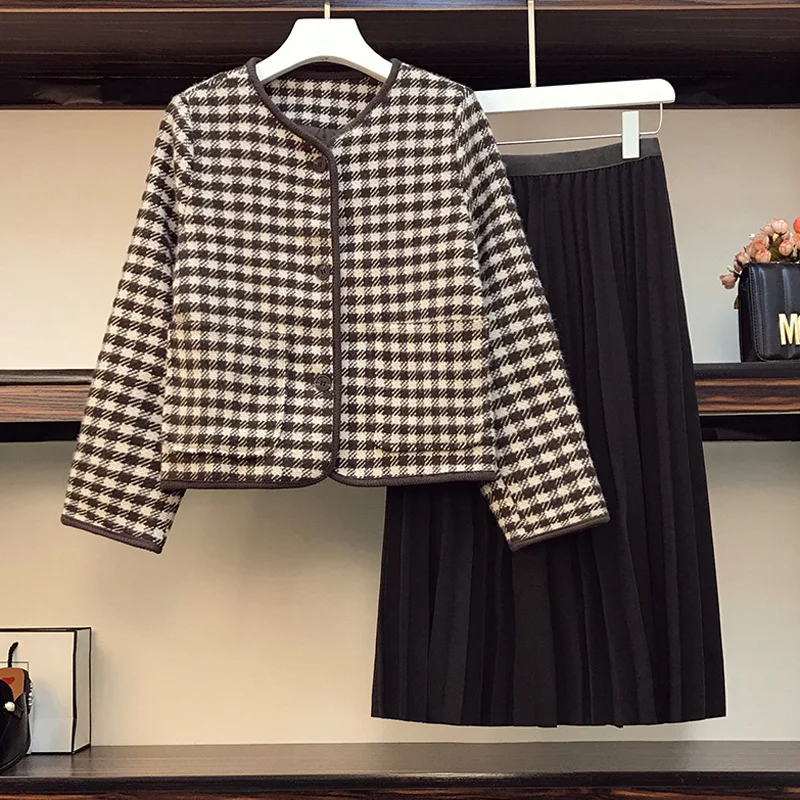 

Зимний женский теплый костюм, шерстяное пальто с V-образным вырезом и плиссированная юбка средней длины, подходящий комплект одежды, Женски...