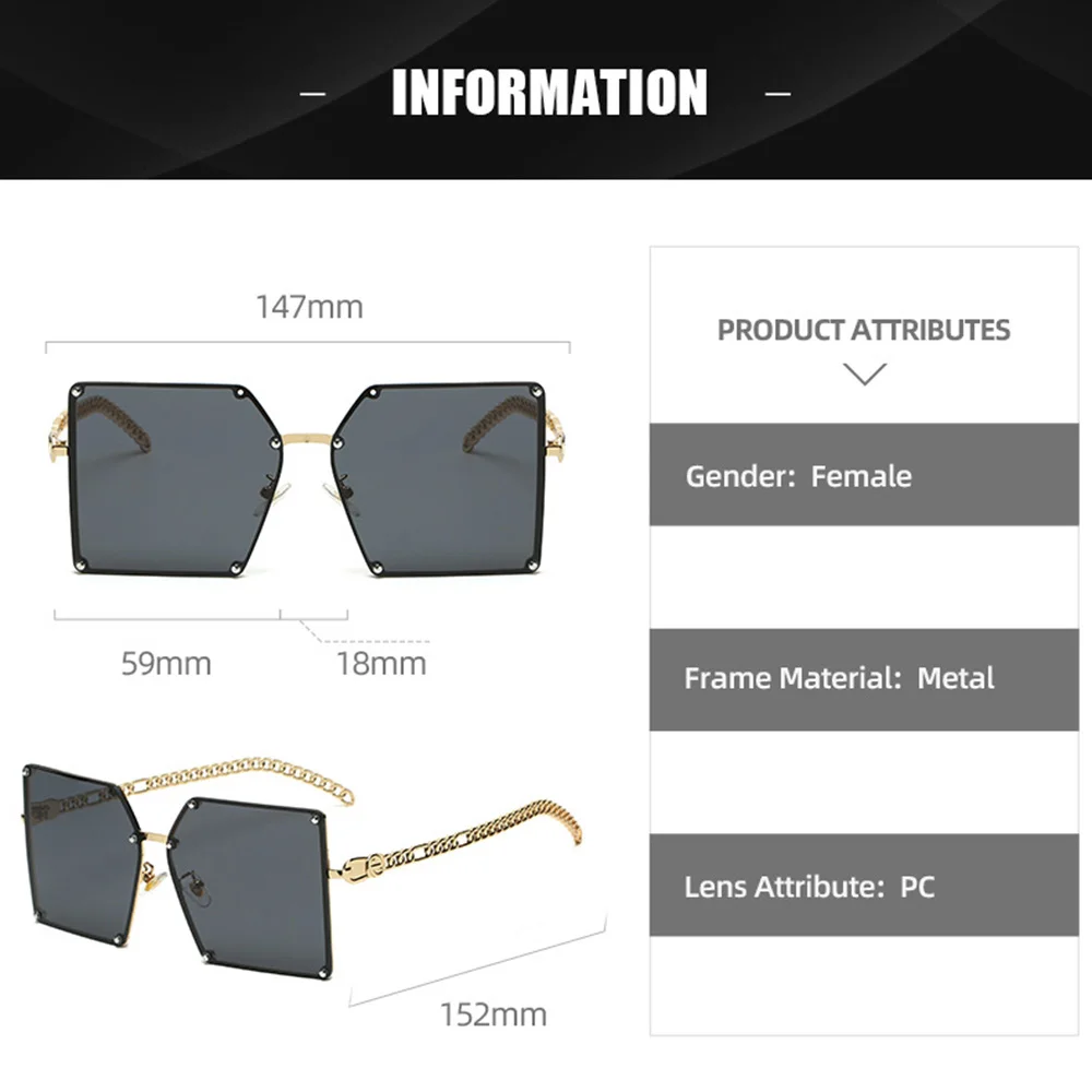 

Klassnum Fashion Gradient Sunglasses Oversize For Women Vintage Alloy Chain Frame Rivet Square Sun Glasses Female Elegant Shades