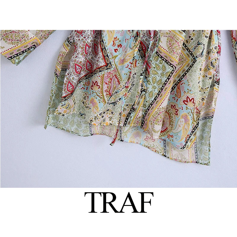 

TRAF Women's Clothing Suits With Skirt Summer Fashion Long Sleeve Slim Shirts Vintage Print Knotted High Waist Skirt Two Piece