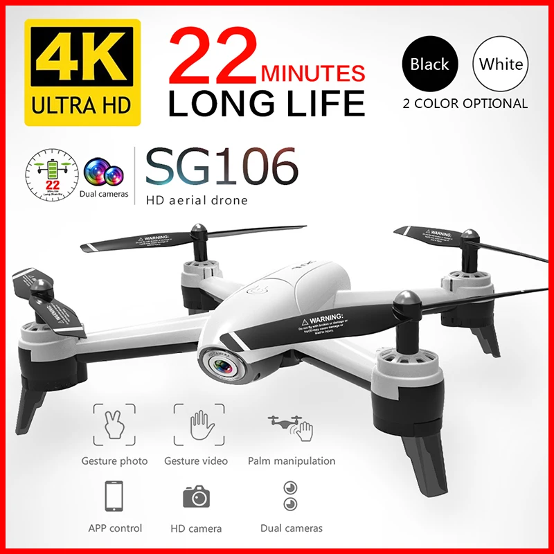 Дрон Радиоуправляемый SG106, Квадрокоптер с двойной камерой 4K 1080P 720P HD, Wi-Fi, FPV, с большим сроком службы батареи, игрушка для детей VS E58 - изображение